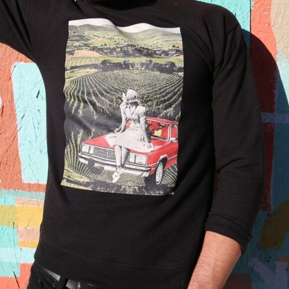 Graphic Tee Black Original Artist Design Collage Print Scenic Retro Handmade - Picture 11 of 11